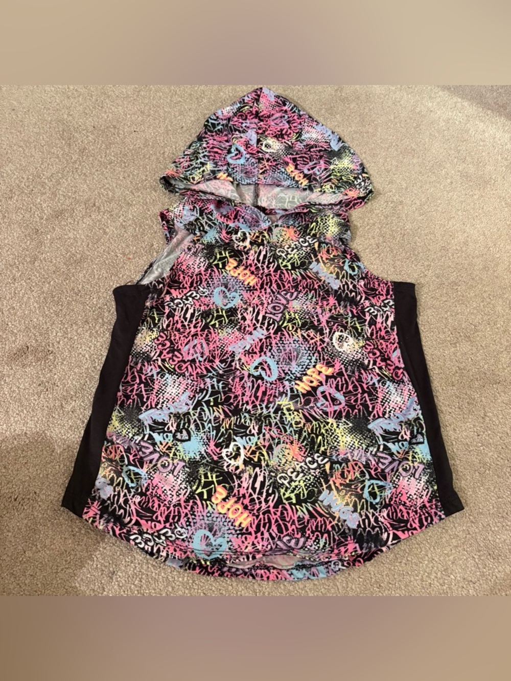 NYC girls size 10/12 medium Sleeveless Hooded Graffiti Print Tank Top - Neon Mix